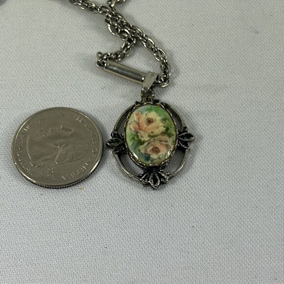 Vtg Yellow Rose Oval Pendant Cameo Style Necklace Silver Tone Ornate Cottagecore - Picture 9 of 11